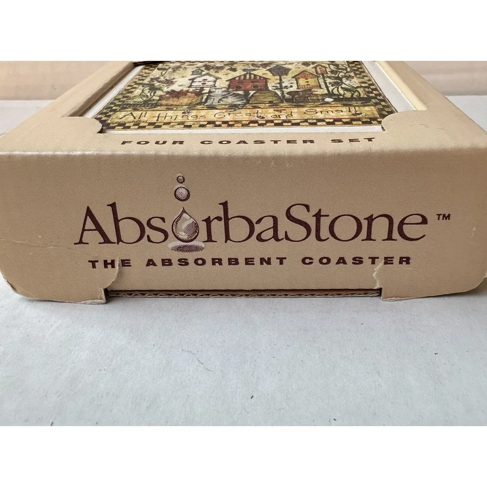 AbsorbaStone Coaster Set All Things Great and Small Birdhouse Cat Stone 4pc NEW